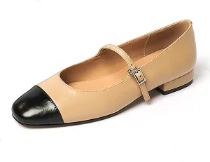 Lutalica W Women's Stylish Closed Cap Toe Matte Leather Two-Tone Instep Strap Ballet Flats Office Lady Comfort Round Toe Dress Mary Jane Flat Pumps Shoes Nude Size 10