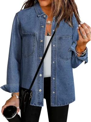 luvamia Denim Jackets for Women Trendy Long Sleeve Jean Jacket Casual Button Down Western Flat Pocket Shacket