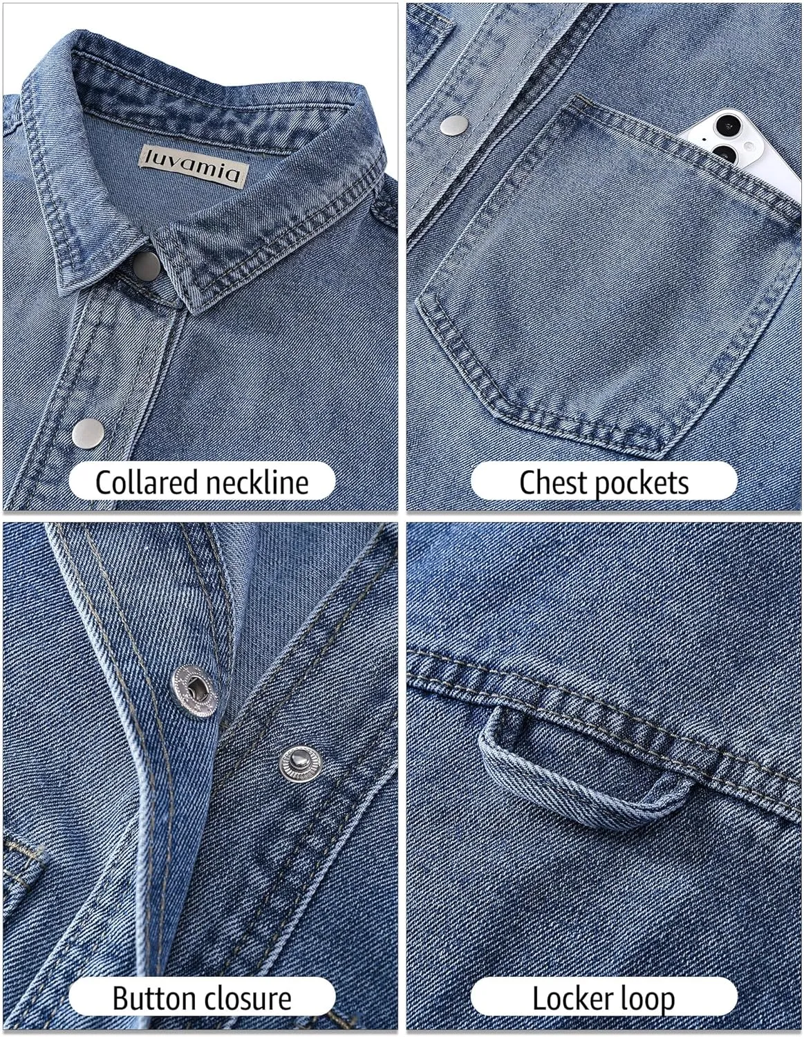 luvamia Denim Jackets for Women Trendy Long Sleeve Jean Jacket Casual Button Down Western Flat Pocket Shacket