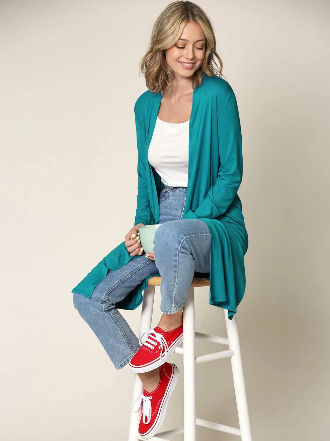 Made By Johnny Women's Solid Long Sleeve Open Front Drape Long Cardigan Duster - Comfortable & Stylish Outerwear