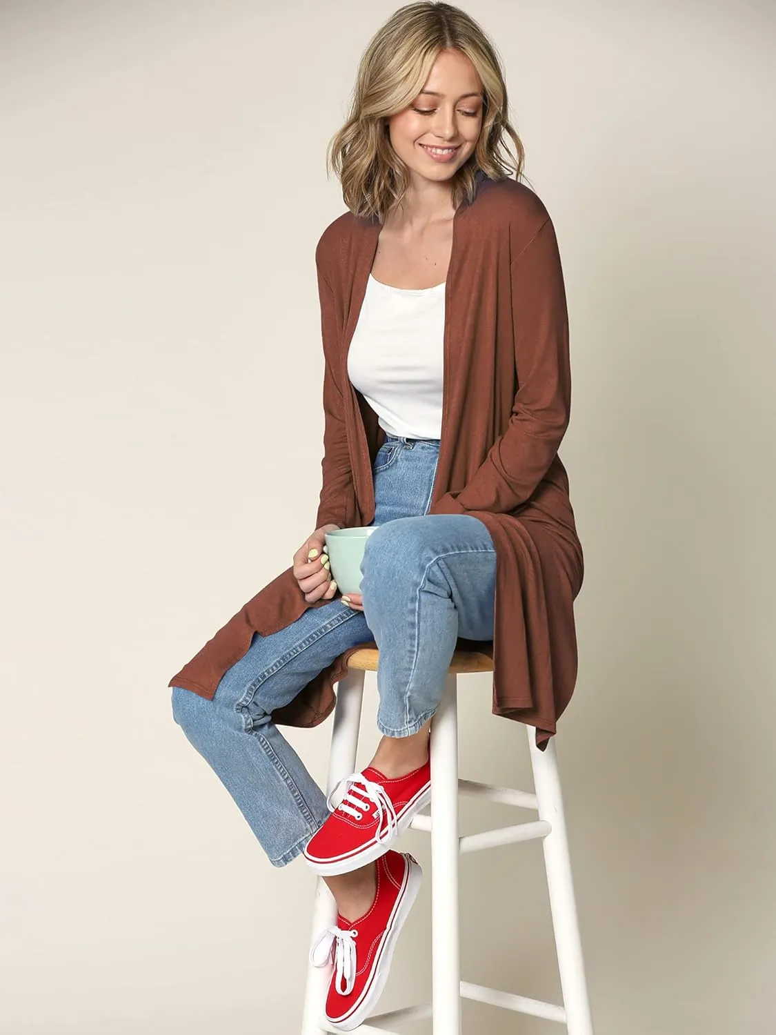 Made By Johnny Women's Solid Long Sleeve Open Front Drape Long Cardigan Duster - Comfortable & Stylish Outerwear