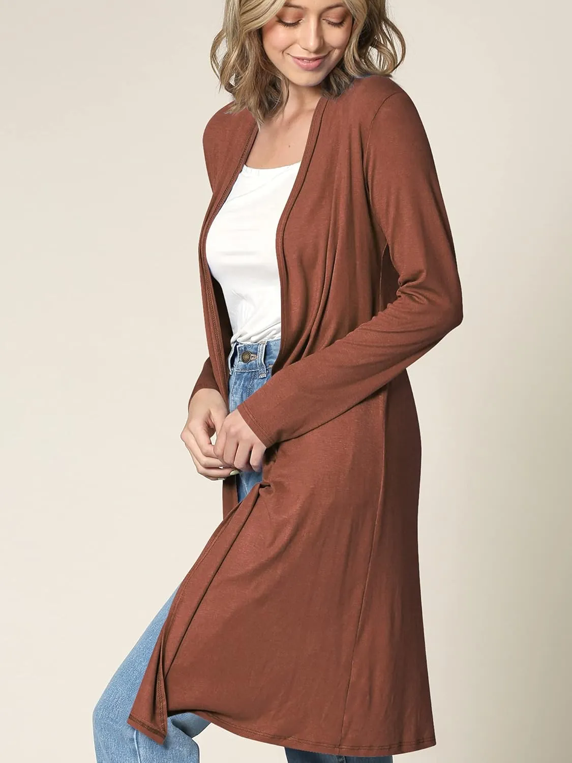 Made By Johnny Women's Solid Long Sleeve Open Front Drape Long Cardigan Duster - Comfortable & Stylish Outerwear