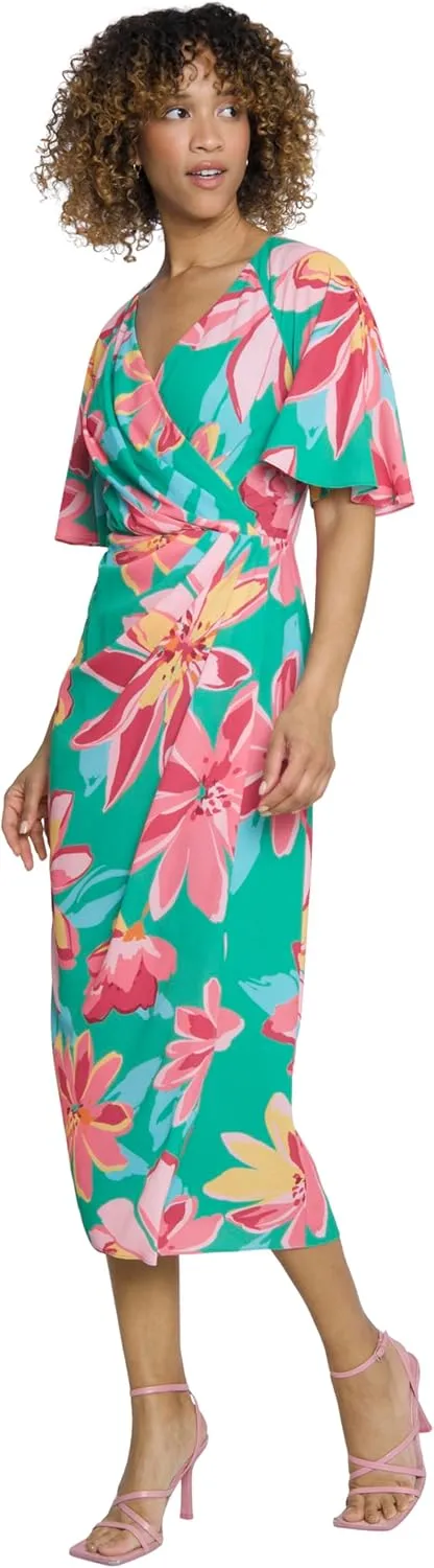 Maggy London Floral Midi Summer Women with Faux-wrap Bodice and V-Neckline, Wedding Guest Dress