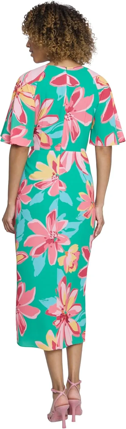 Maggy London Floral Midi Summer Women with Faux-wrap Bodice and V-Neckline, Wedding Guest Dress