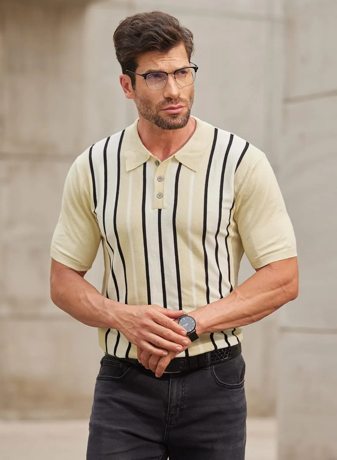 Mainfini Men's Vintage Knit Polo Shirt Casual Button Shirt (S-XXL)