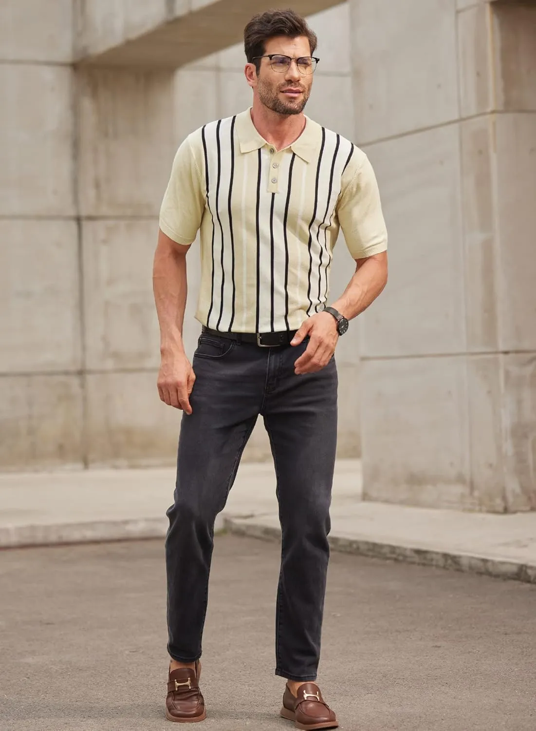 Mainfini Men's Vintage Knit Polo Shirt Casual Button Shirt (S-XXL)