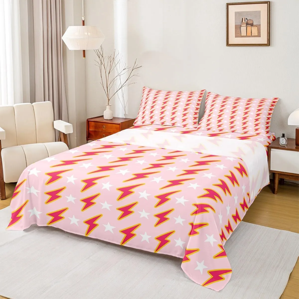 Manfei Lightning Flash Print Kids Sheet Set Twin Size,Boys Girls Adults Bedding Set for Kids Boys Teens Room Decor,Abstract Stars Stylish Chic Fitted   Flat Sheet,1 Pillowcase