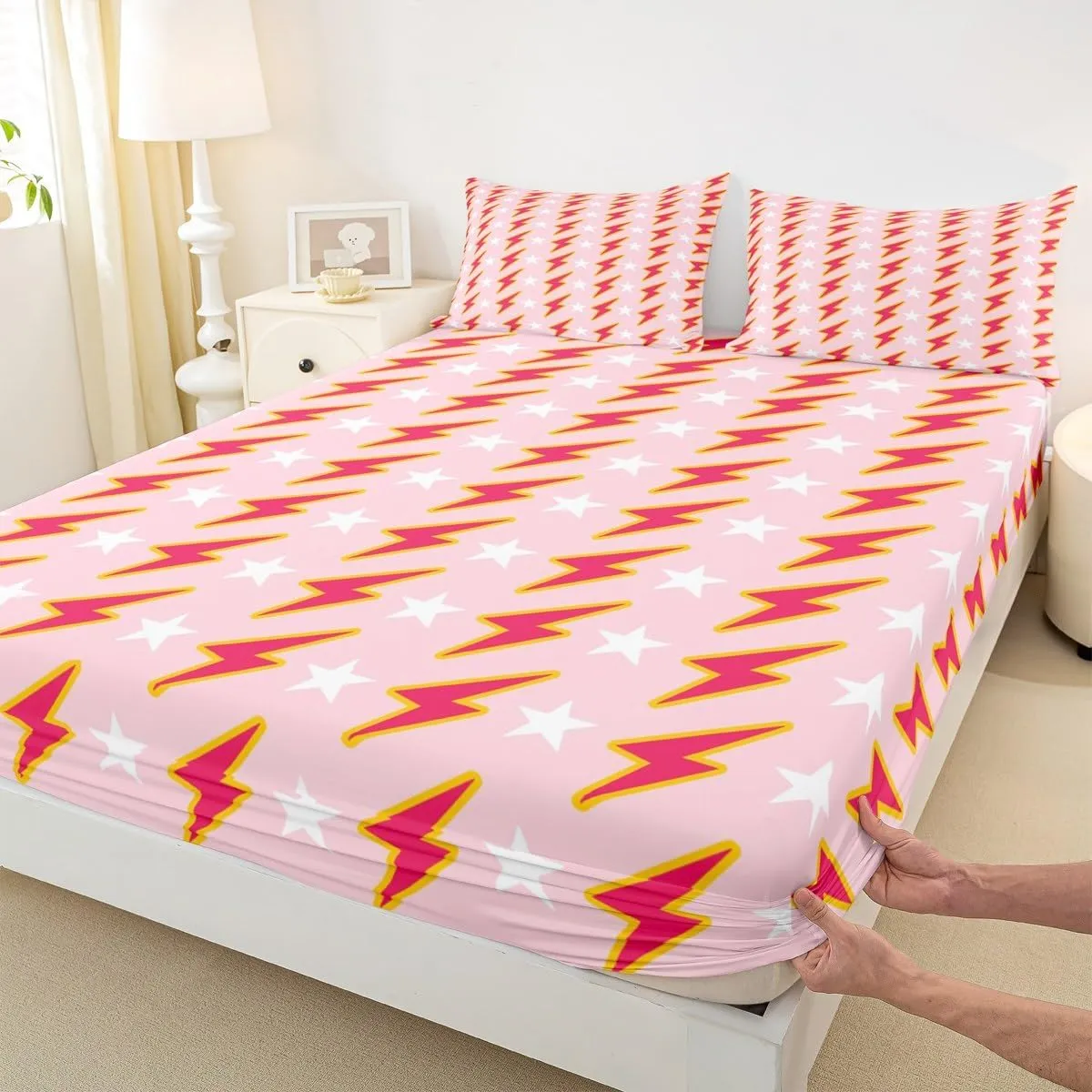 Manfei Lightning Flash Print Kids Sheet Set Twin Size,Boys Girls Adults Bedding Set for Kids Boys Teens Room Decor,Abstract Stars Stylish Chic Fitted   Flat Sheet,1 Pillowcase
