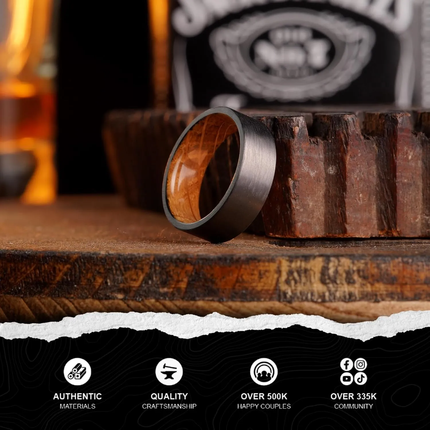 Manly Bands: Officially Licensed Jack Daniel's Rings - Men's Wedding Bands and Rings Made with Authentic Jack Daniel's Whiskey Barrels - Stylish Gifts for Men - Free Silicone Ring Included