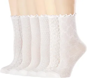 Mcool Mary Women's Ruffle Socks Mesh Casual Lace Cotton Crew Summer Ultra Thin White Frilly Ankle Socks for Women 6 Pairs