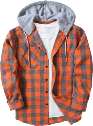 Men's Flannel Shirt Plaid Hoodie Stylish Long Sleeve Fall Casual Button Down Shirts with Flat Pocket