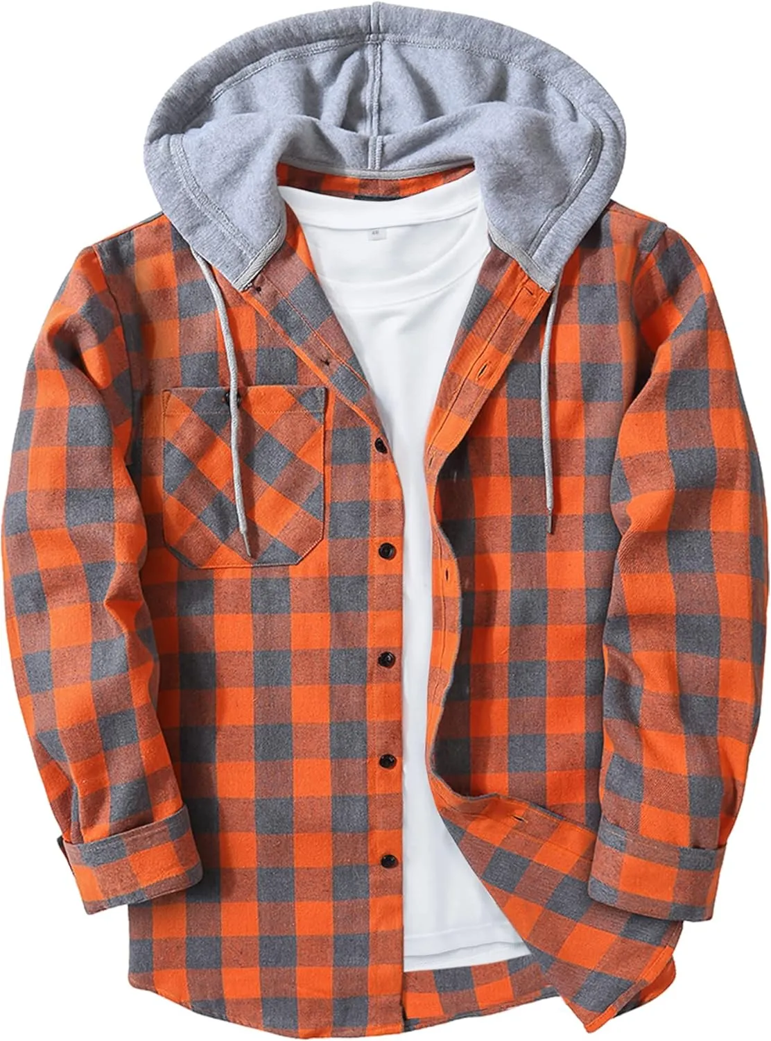 Men's Flannel Shirt Plaid Hoodie Stylish Long Sleeve Fall Casual Button Down Shirts with Flat Pocket