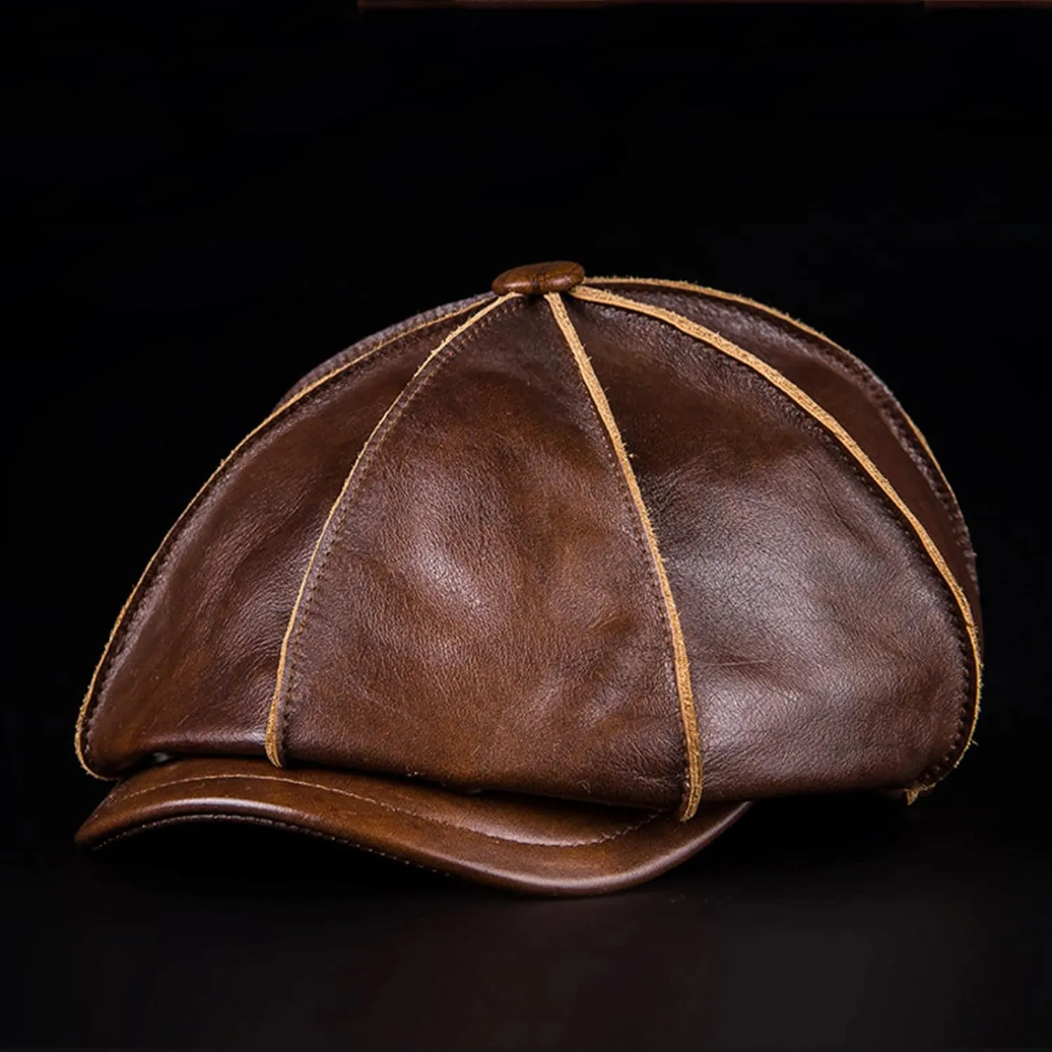 Men's Genuine Cowhide Leather Octagonal Cap Vintage Newsboy Hat Driving Flat Winter Male Artist Cap