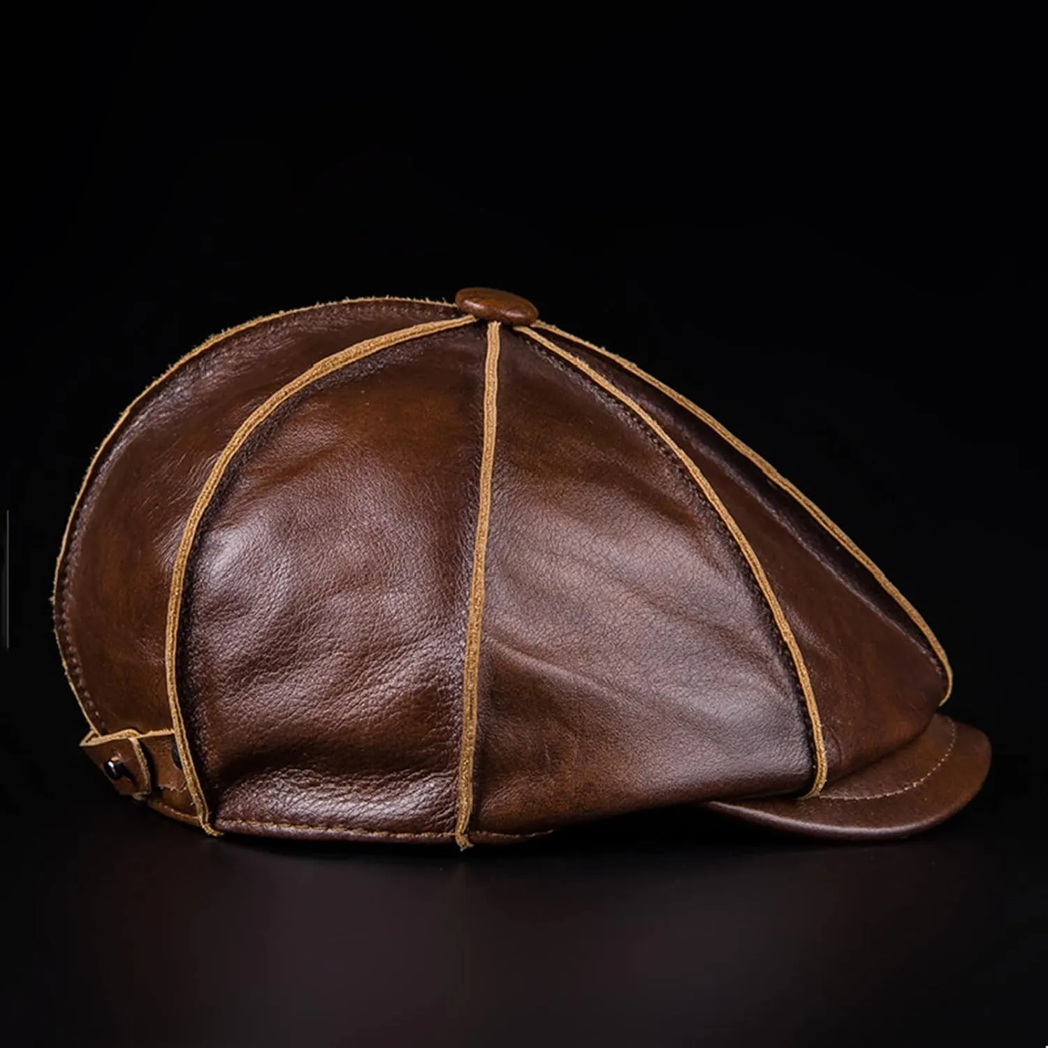 Men's Genuine Cowhide Leather Octagonal Cap Vintage Newsboy Hat Driving Flat Winter Male Artist Cap