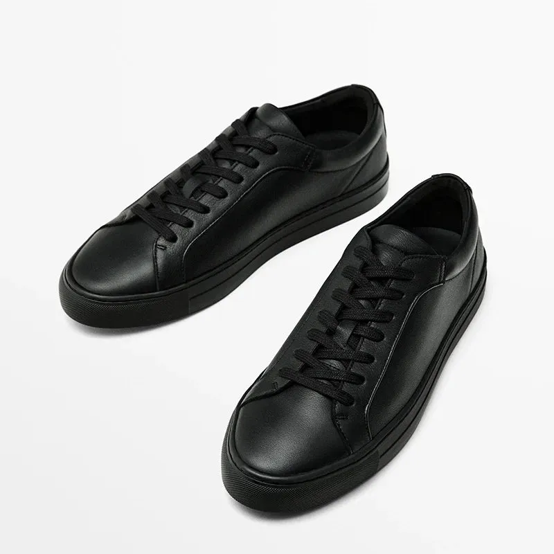 Men's Genuine Leather Round Head Lacing Flat Sneakers