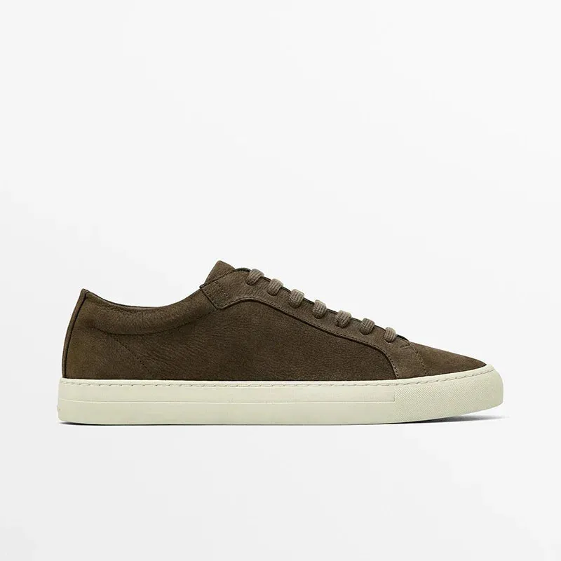 Men's Genuine Leather Round Head Lacing Flat Sneakers