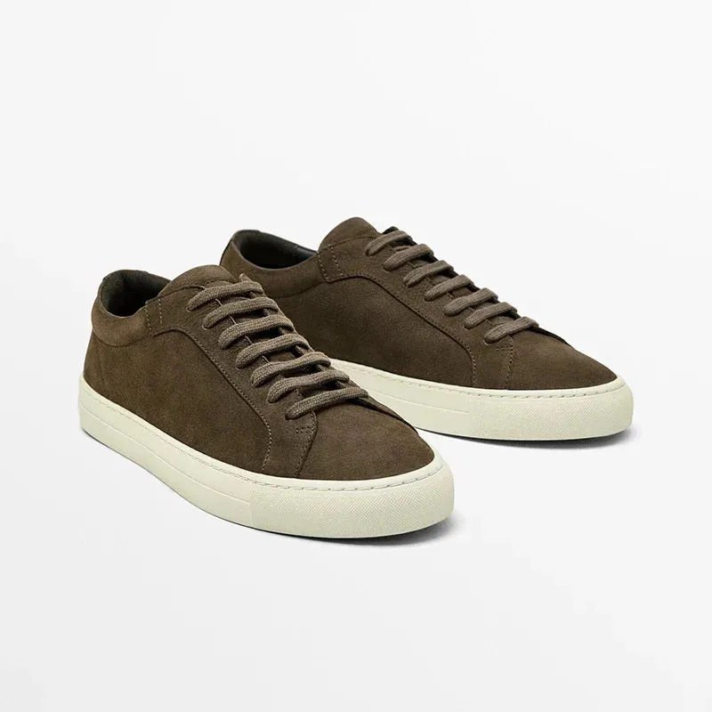 Men's Genuine Leather Round Head Lacing Flat Sneakers