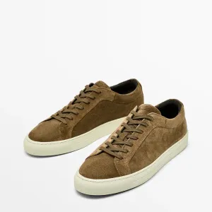 Men's Genuine Leather Round Head Lacing Flat Sneakers