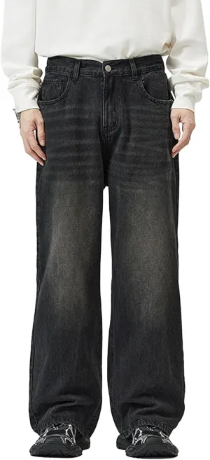 Men's Hip Hop Skater Jeans Loose Fit Wide Leg Denim Pants Stylish Y2K Vintage Streetwear Carpenter Trousers