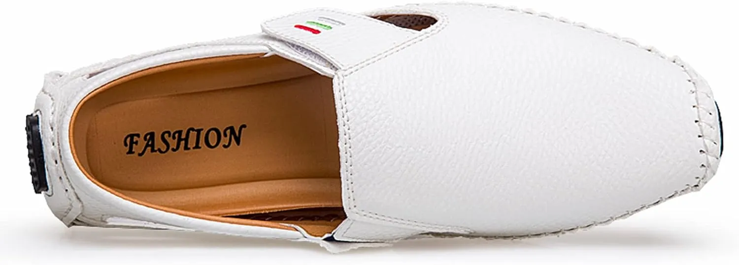 Men's Leather Square Toe Soft Sole Loafers with Hook&Loop,Breathable Comfortable Slip On Flat Moccasin Boat Shoes,Casual Fashion Walking Driving Shoes