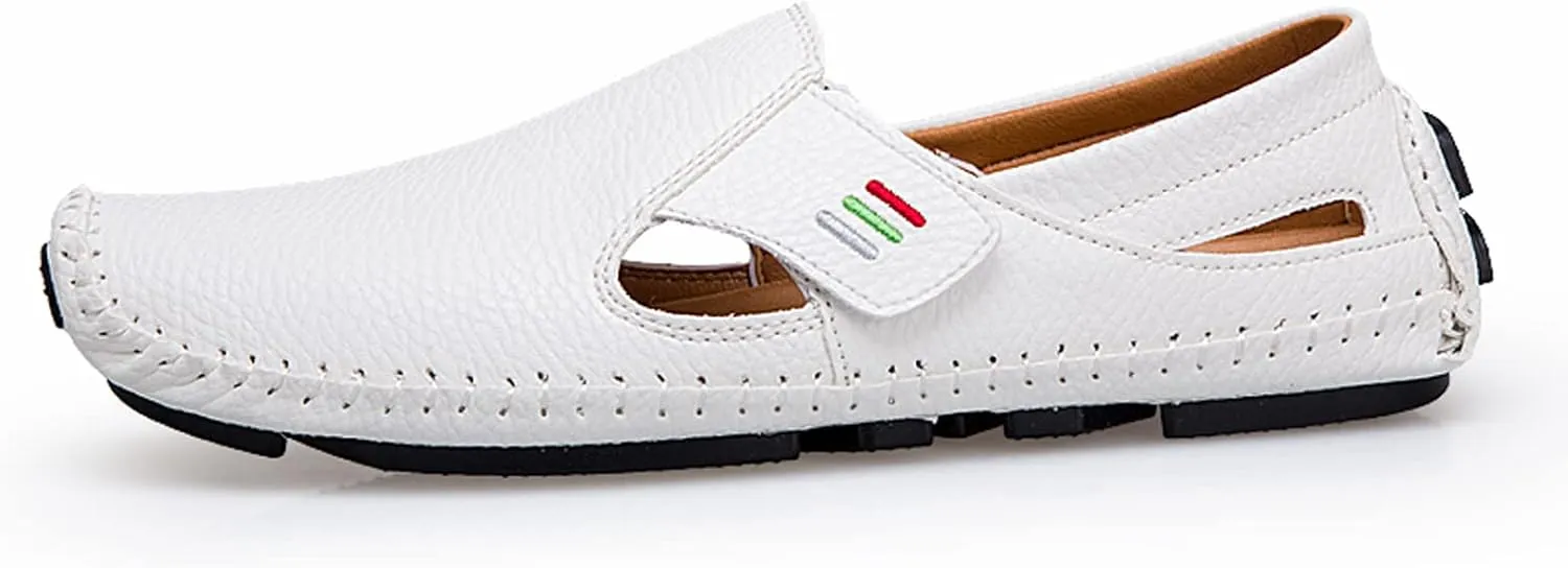 Men's Leather Square Toe Soft Sole Loafers with Hook&Loop,Breathable Comfortable Slip On Flat Moccasin Boat Shoes,Casual Fashion Walking Driving Shoes