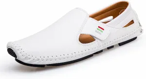 Men's Leather Square Toe Soft Sole Loafers with Hook&Loop,Breathable Comfortable Slip On Flat Moccasin Boat Shoes,Casual Fashion Walking Driving Shoes