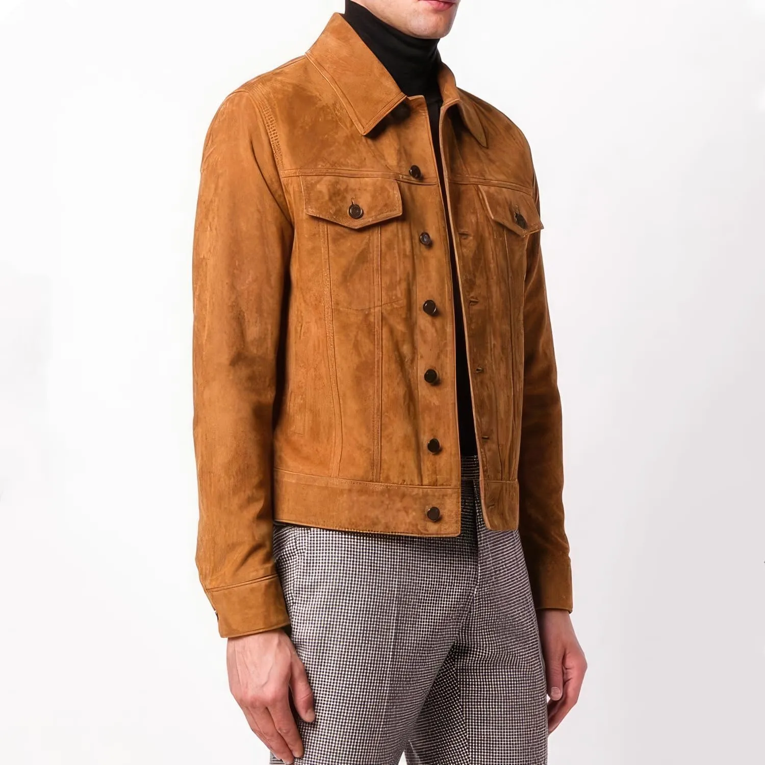 Men's Tan Brown Genuine Suede Classic Shirt Collar Third Generation Cowboy Native American Vintage Leather Jacket