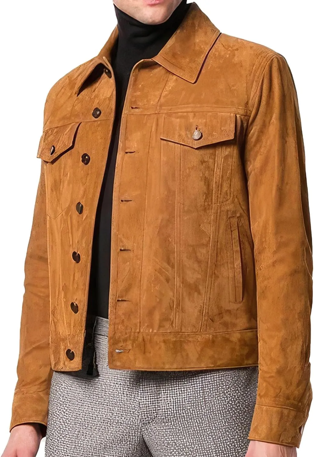 Men's Tan Brown Genuine Suede Classic Shirt Collar Third Generation Cowboy Native American Vintage Leather Jacket