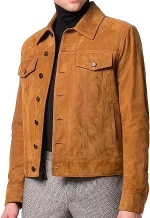 Men's Tan Brown Genuine Suede Classic Shirt Collar Third Generation Cowboy Native American Vintage Leather Jacket