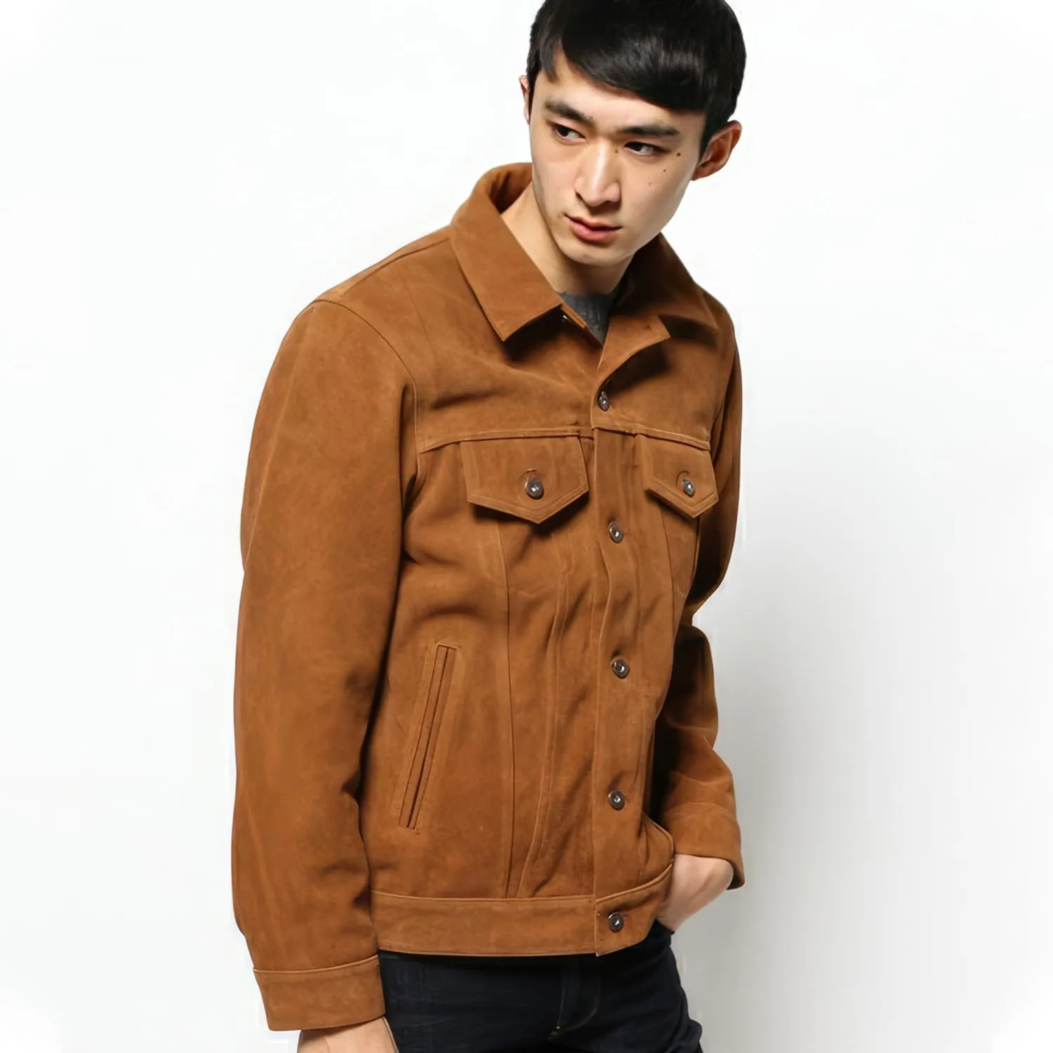 Men's Tan Brown Genuine Suede Classic Shirt Collar Third Generation Cowboy Native American Vintage Leather Jacket