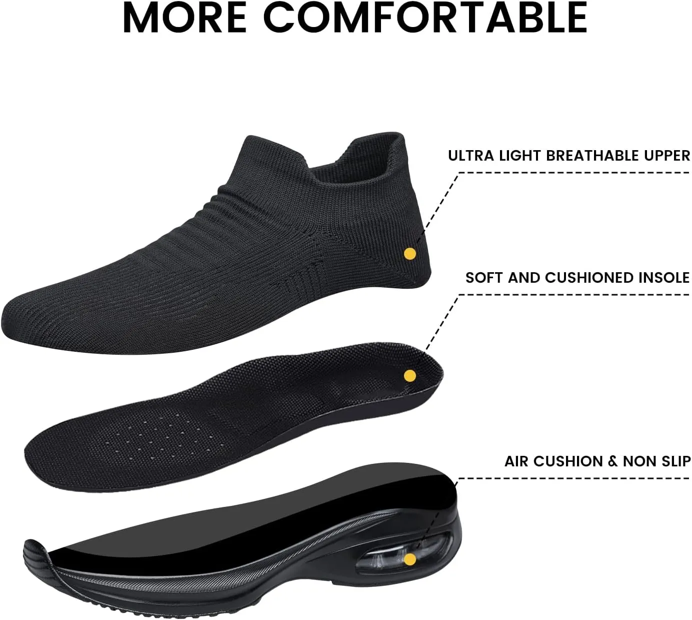 Mens Walking Shoes Sock Casual Fashion Sneakers Comfortable Slip On Air Cushion Workout Athletic Gym Running Shoes