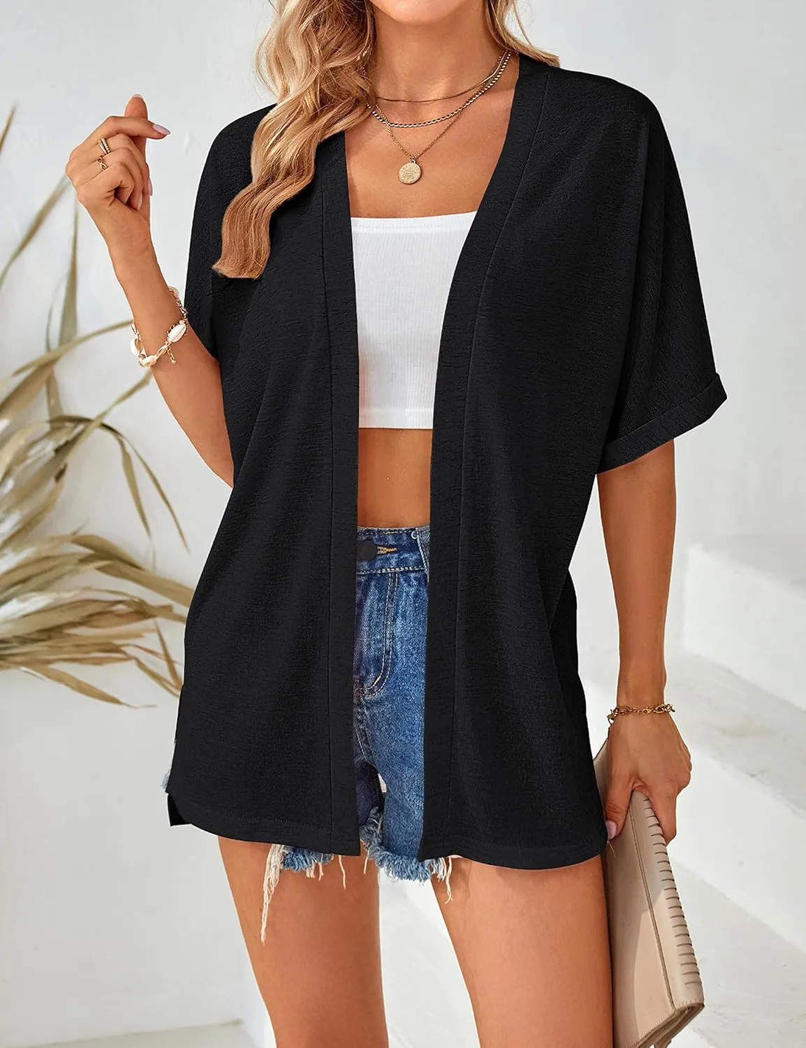 MEROKEETY Womens 2025 Summer Lightweight Cardigan Short Sleeve Open Front Casual Loose Cover Ups