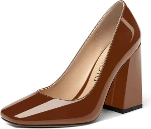MERRORI Women's Patent Block Square Toe Solid Slip On Chunky High Heel Pumps Shoes 4 Inch