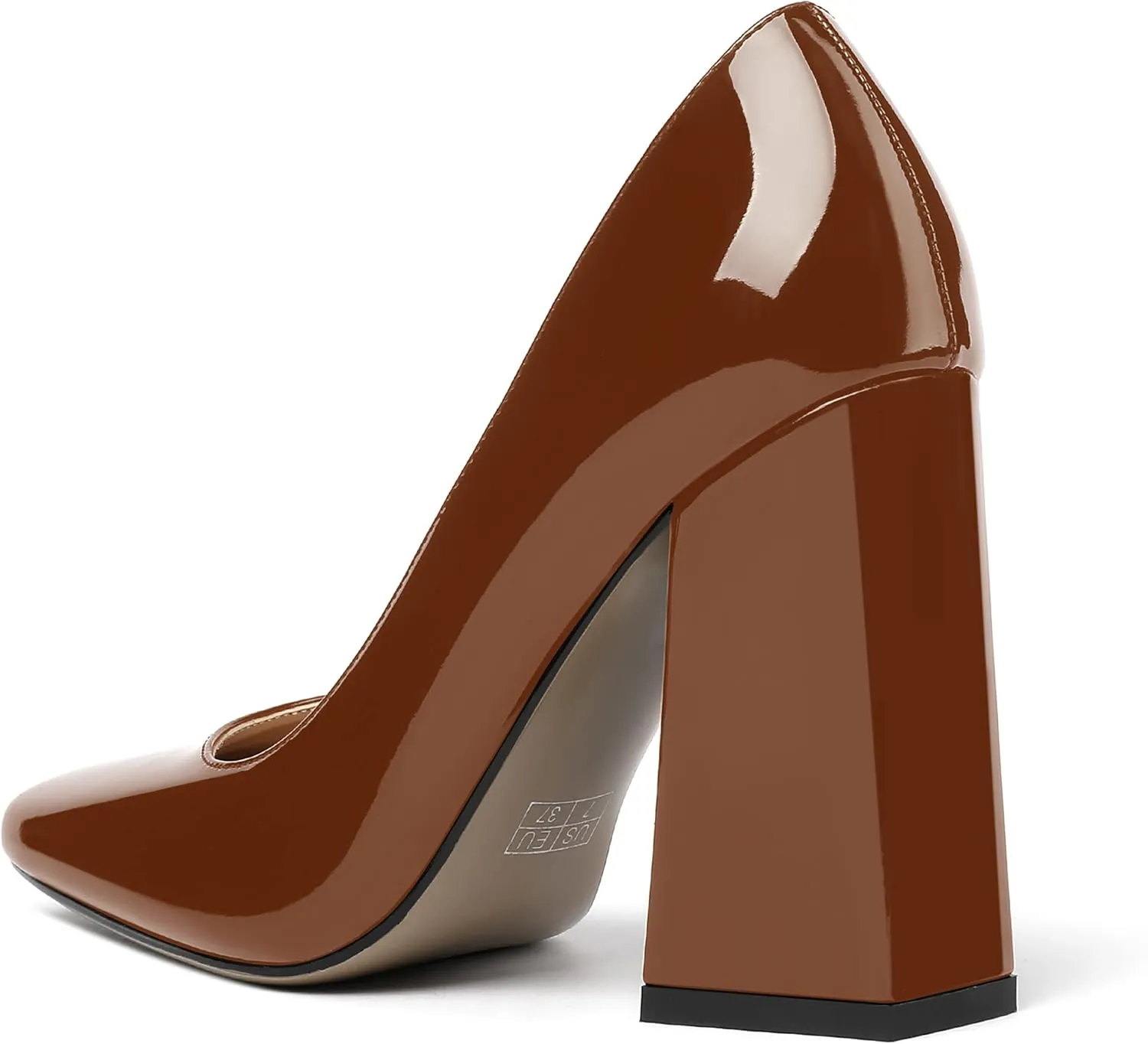 MERRORI Women's Patent Block Square Toe Solid Slip On Chunky High Heel Pumps Shoes 4 Inch