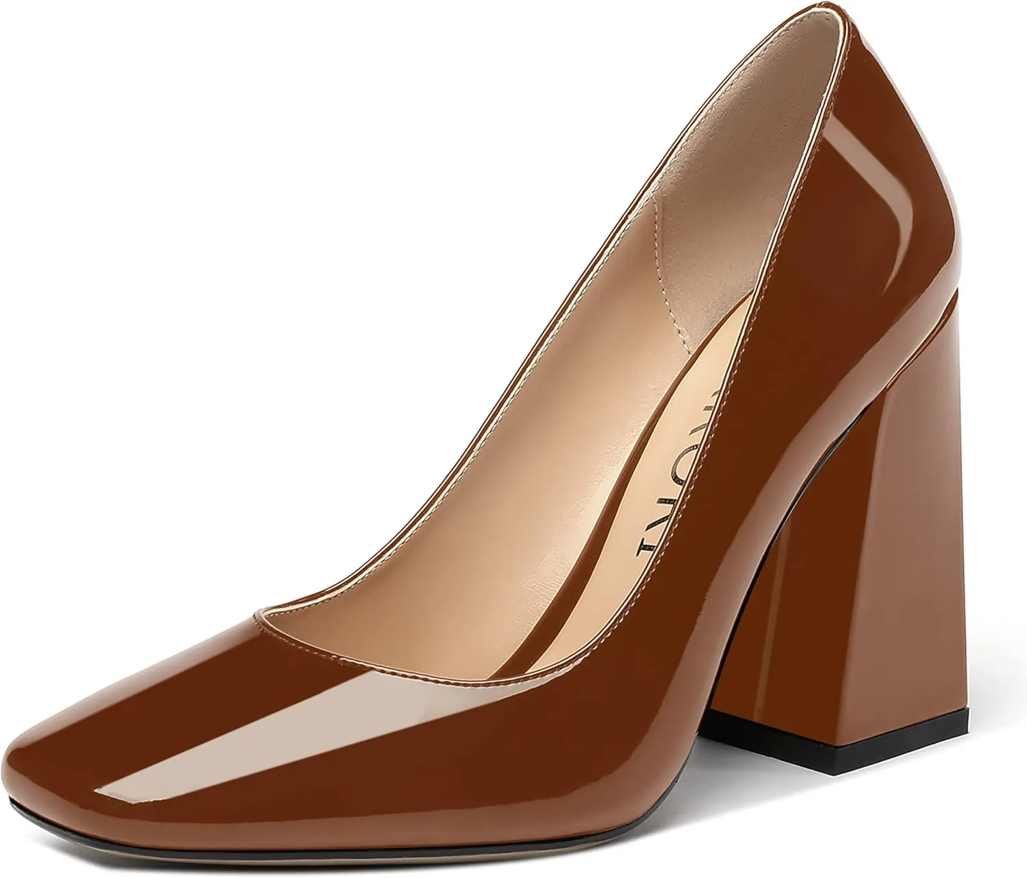 MERRORI Women's Patent Block Square Toe Solid Slip On Chunky High Heel Pumps Shoes 4 Inch