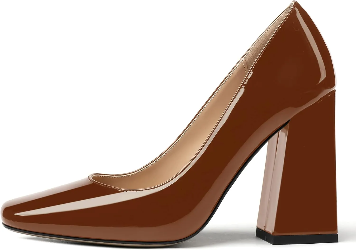 MERRORI Women's Patent Block Square Toe Solid Slip On Chunky High Heel Pumps Shoes 4 Inch