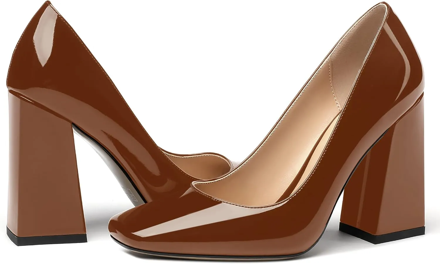 MERRORI Women's Patent Block Square Toe Solid Slip On Chunky High Heel Pumps Shoes 4 Inch