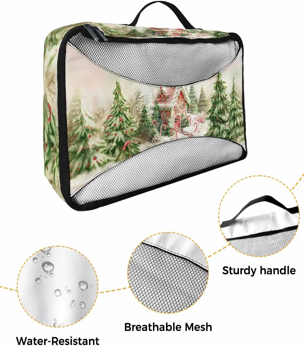 Merry Christmas Candy House Evergreen 4 Set Packing Cubes, Winter Snow Scene Grass Green Packing Cubes for Carry on Suitcase Travel Essential Bag for Clothes Shoes Cosmetics Toiletry