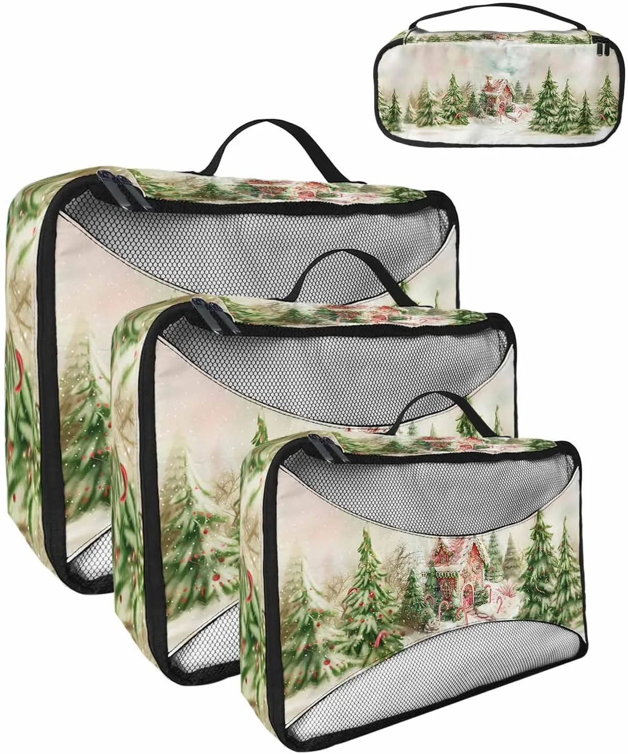 Merry Christmas Candy House Evergreen 4 Set Packing Cubes, Winter Snow Scene Grass Green Packing Cubes for Carry on Suitcase Travel Essential Bag for Clothes Shoes Cosmetics Toiletry
