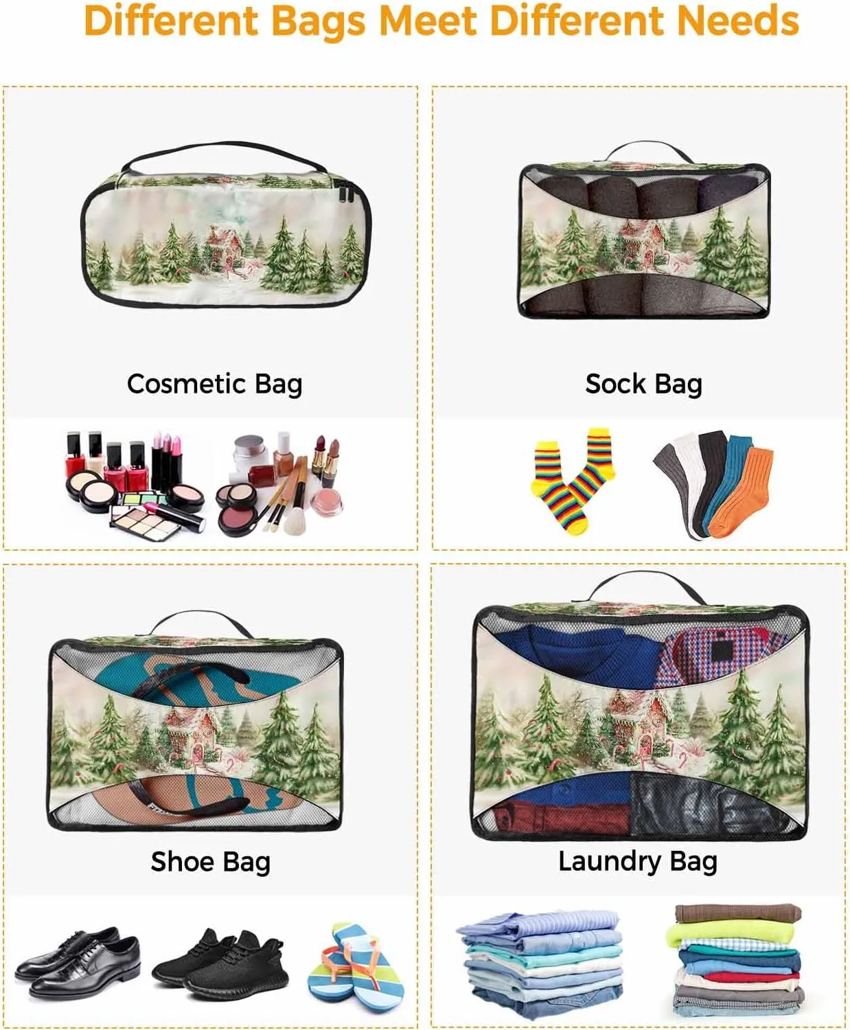 Merry Christmas Candy House Evergreen 4 Set Packing Cubes, Winter Snow Scene Grass Green Packing Cubes for Carry on Suitcase Travel Essential Bag for Clothes Shoes Cosmetics Toiletry