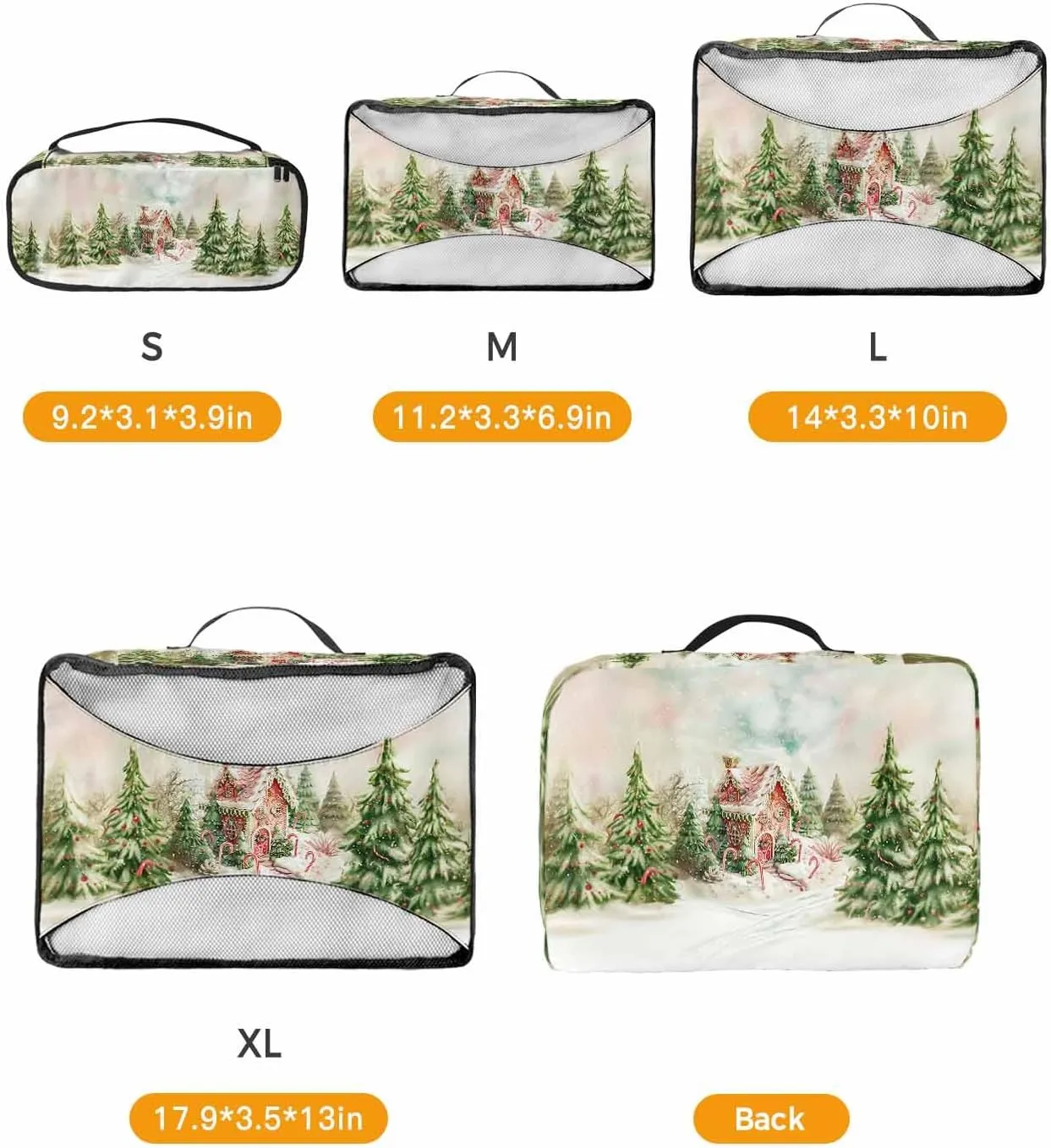 Merry Christmas Candy House Evergreen 4 Set Packing Cubes, Winter Snow Scene Grass Green Packing Cubes for Carry on Suitcase Travel Essential Bag for Clothes Shoes Cosmetics Toiletry
