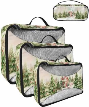 Merry Christmas Candy House Evergreen 4 Set Packing Cubes, Winter Snow Scene Grass Green Packing Cubes for Carry on Suitcase Travel Essential Bag for Clothes Shoes Cosmetics Toiletry