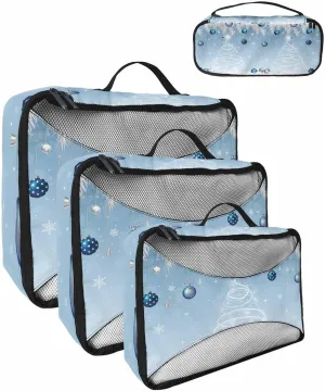 Merry Xmas Pine Tree Silvery Cedar Leaf 4 Set Packing Cubes, Winter Ornament Sky Blue Packing Cubes for Carry on Suitcase Travel Essential Bag for Clothes Shoes Cosmetics Toiletry
