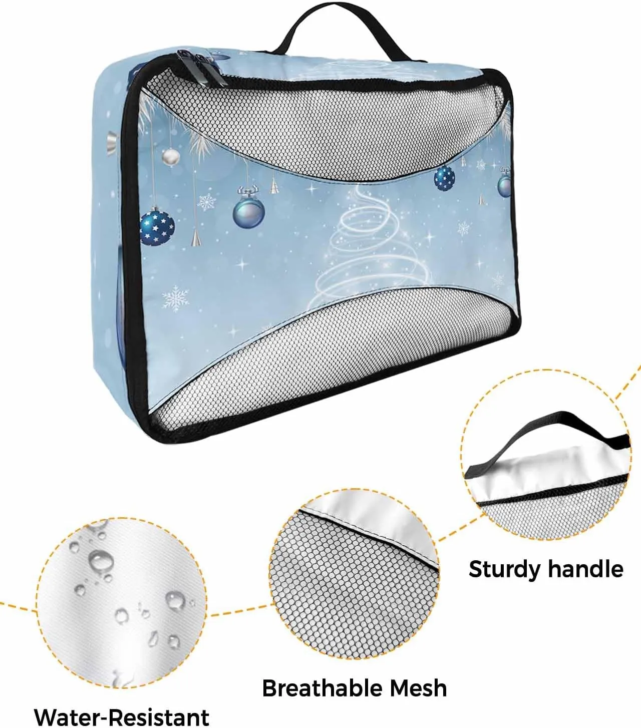 Merry Xmas Pine Tree Silvery Cedar Leaf 4 Set Packing Cubes, Winter Ornament Sky Blue Packing Cubes for Carry on Suitcase Travel Essential Bag for Clothes Shoes Cosmetics Toiletry