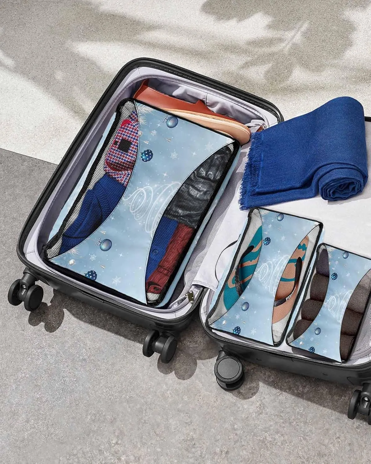 Merry Xmas Pine Tree Silvery Cedar Leaf 4 Set Packing Cubes, Winter Ornament Sky Blue Packing Cubes for Carry on Suitcase Travel Essential Bag for Clothes Shoes Cosmetics Toiletry