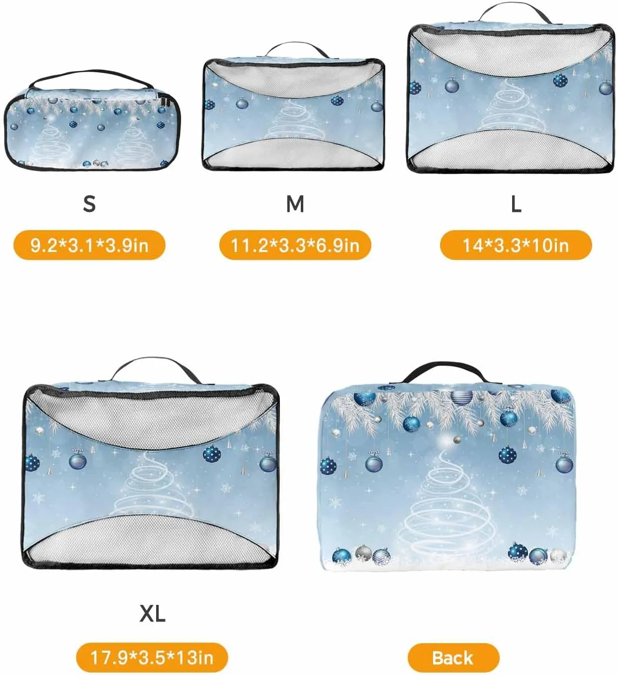 Merry Xmas Pine Tree Silvery Cedar Leaf 4 Set Packing Cubes, Winter Ornament Sky Blue Packing Cubes for Carry on Suitcase Travel Essential Bag for Clothes Shoes Cosmetics Toiletry