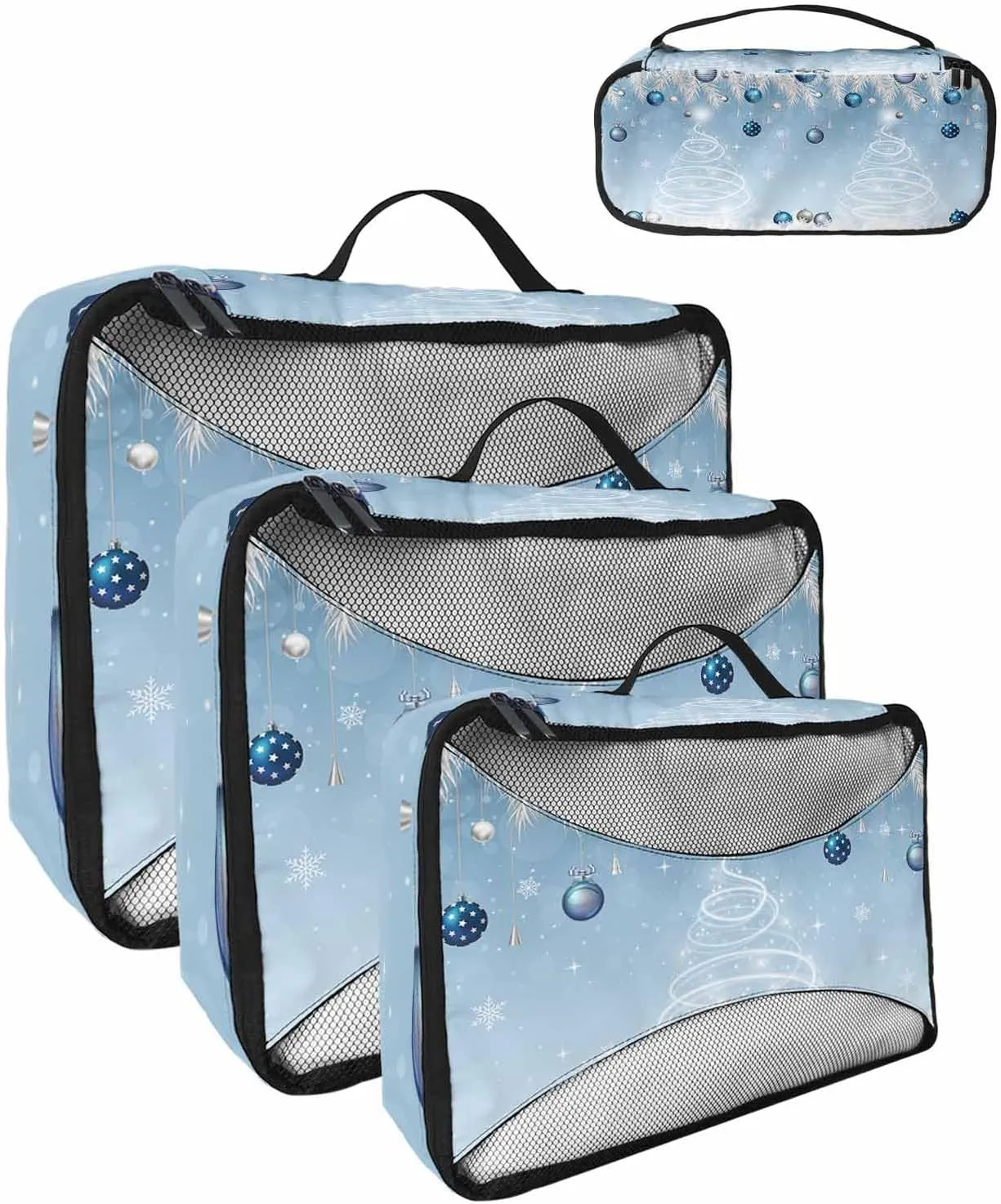 Merry Xmas Pine Tree Silvery Cedar Leaf 4 Set Packing Cubes, Winter Ornament Sky Blue Packing Cubes for Carry on Suitcase Travel Essential Bag for Clothes Shoes Cosmetics Toiletry