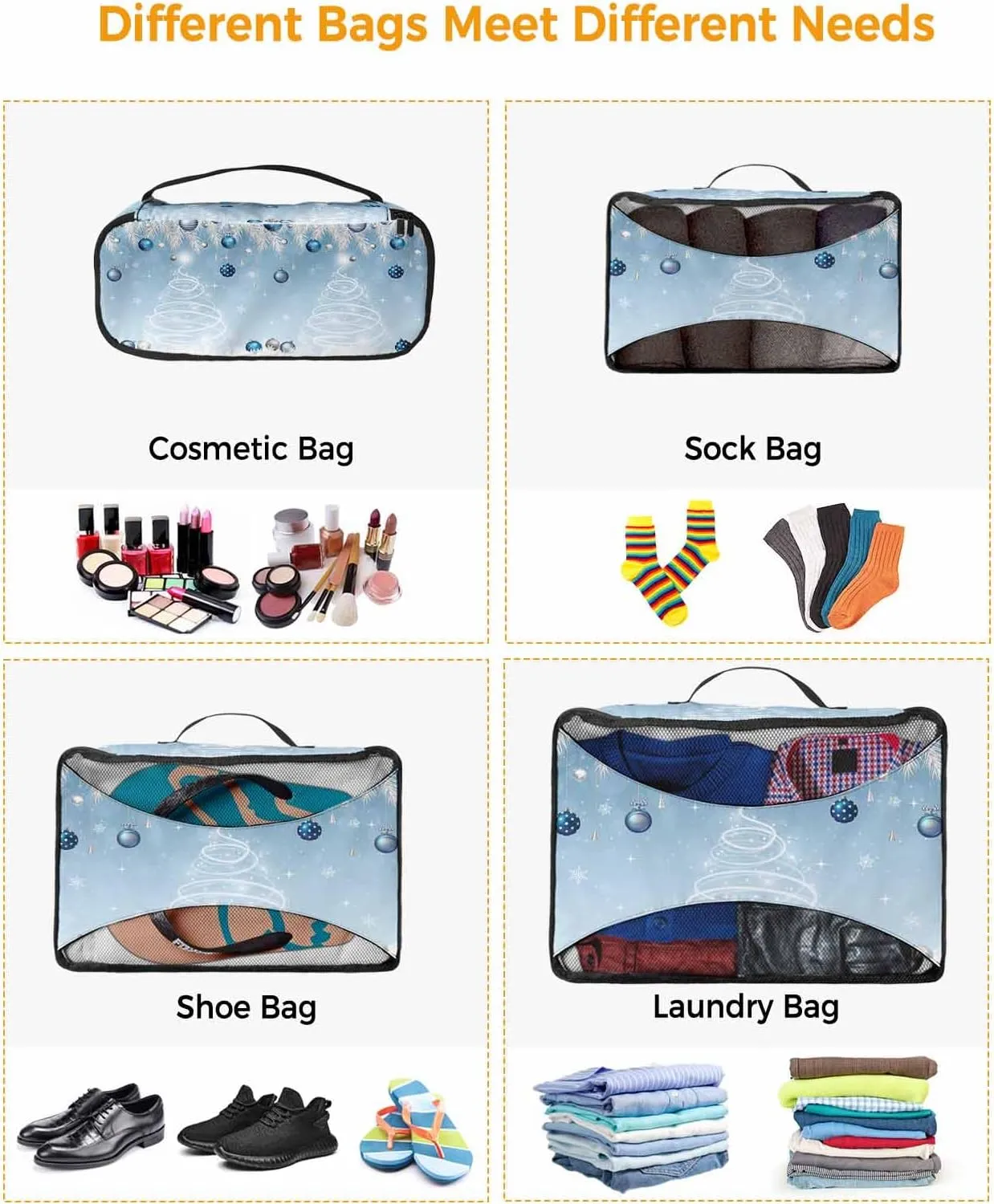 Merry Xmas Pine Tree Silvery Cedar Leaf 4 Set Packing Cubes, Winter Ornament Sky Blue Packing Cubes for Carry on Suitcase Travel Essential Bag for Clothes Shoes Cosmetics Toiletry