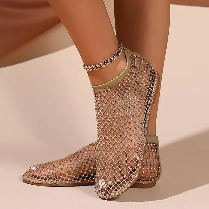 Mesh Flats for Women Ultra Comfortable Shiny Gem Mesh Flats Shiny Stylish Flats Sparkle Shoes Sandals
