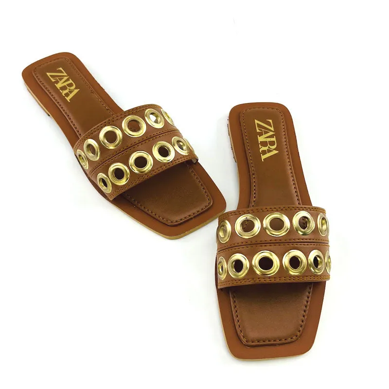 Metal Appliques Inspired Flat Leather Sandals #10403 #22